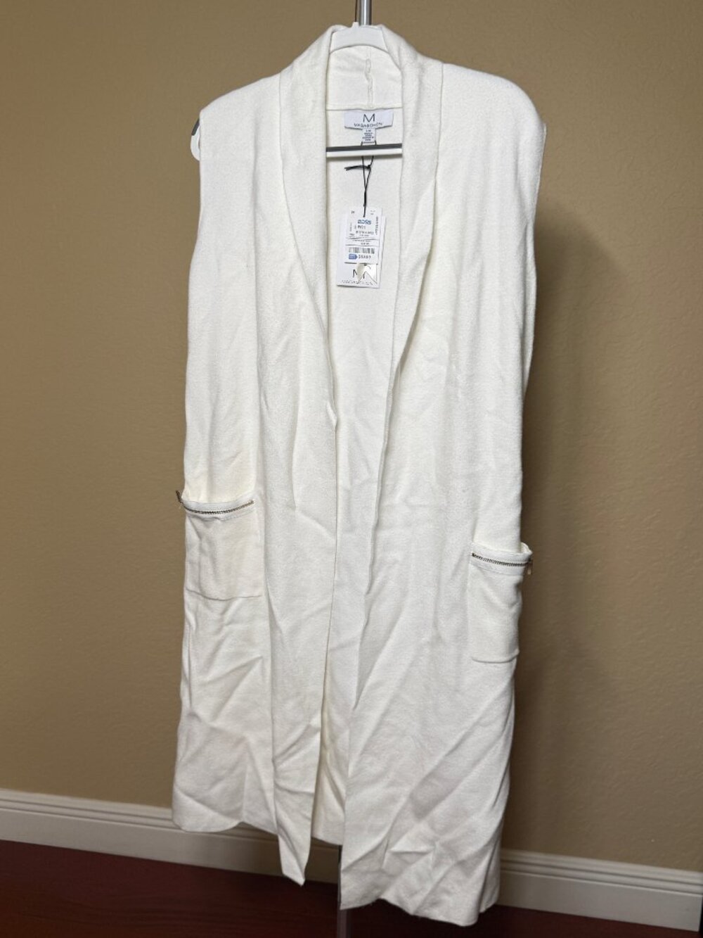 Magaschoni Snow Globe Ivory Sleeveless Long Duster Vest Shawl Collar NWT L